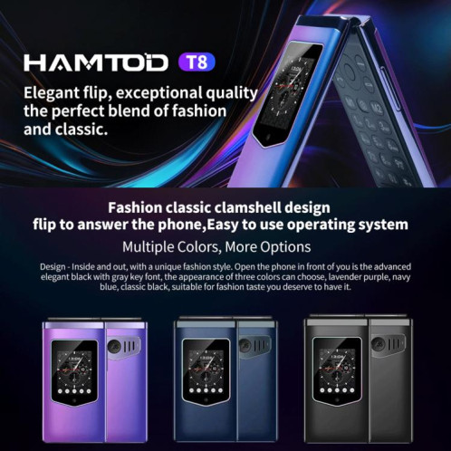 Téléphone à clapet HAMTOD T8 4G, version UE, 2,8 pouces + 1,77 pouces, VoLTE, BT, SOS, OTG (Noir) SH601A810-05
