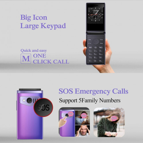Téléphone à clapet HAMTOD T8 4G, version UE, 2,8 pouces + 1,77 pouces, VoLTE, BT, SOS, OTG (violet) SH601B1735-05