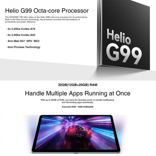  DOOGEE T30 Ultra Tablet PC 11 pouces, 12 Go + 256 Go, Android 13 MediaTek Helio G99 Octa Core, version mondiale avec Google Play, prise UE (noir) SD701A447-014