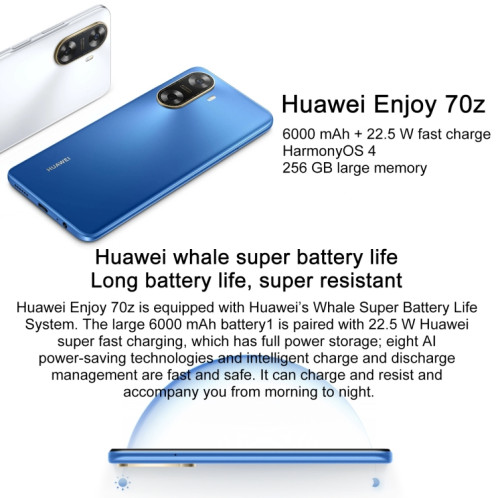 HUAWEI Enjoy 70z, 8 Go + 256 Go, identification par empreinte digitale latérale, 6,75 pouces HarmonyOS 4.0 Octa Core 2,4 GHz, réseau: 4G, ne prend pas en charge Google Play (bleu) SH802B1697-08