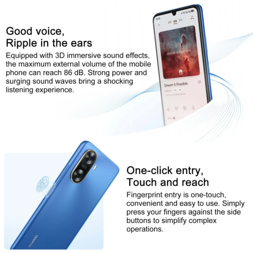 HUAWEI Enjoy 70z, 8 Go + 128 Go, identification par empreinte digitale latérale, 6,75 pouces HarmonyOS 4.0 Octa Core 2,4 GHz, réseau: 4G, ne prend pas en charge Google Play (bleu) SH801B1479-08