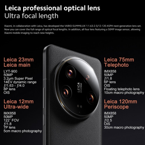 Xiaomi 14 Ultra, 16 Go + 512 Go, 6,73 pouces Xiaomi HyperOS Snapdragon 8 Gen 3 Octa Core 4 nm jusqu'à 3,3 GHz, NFC, réseau : 5G (noir) SX102B915-023