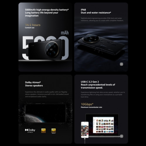 Xiaomi 14 Ultra, 16 Go + 1 To, 6,73 pouces Xiaomi HyperOS Snapdragon 8 Gen 3 Octa Core 4 nm jusqu'à 3,3 GHz, NFC, réseau : 5G (blanc) SX103A633-023