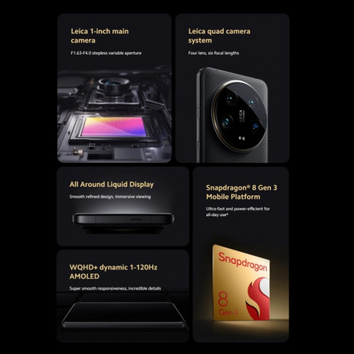 Xiaomi 14 Ultra, 12 Go + 256 Go, 6,73 pouces Xiaomi HyperOS Snapdragon 8 Gen 3 Octa Core 4 nm jusqu'à 3,3 GHz, NFC, réseau : 5G (noir) SX101B1263-023