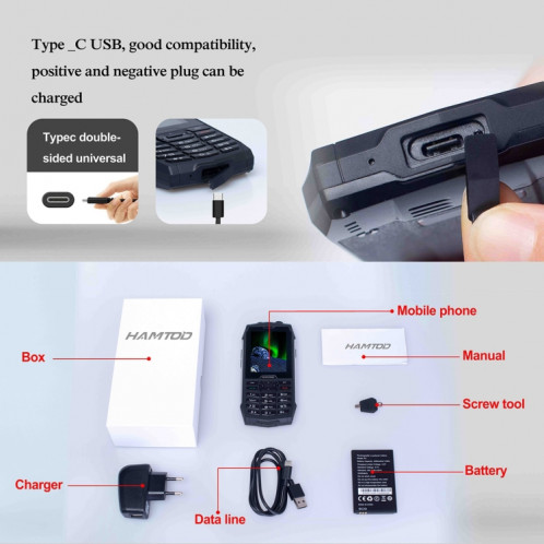 Téléphone robuste HAMTOD H3 / R3T, version UE, 2,8 pouces T107 ARM CortexTM A7 Quad-core 1,0 GHz, réseau : 4G, VoLTE, BT, SOS (argent) SH901C1701-06