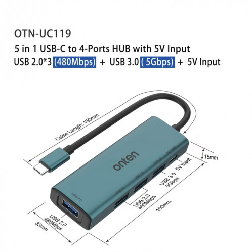 Onten UC119 HUB USB 5 en 1 USB-C / Type-C vers USB 4 ports avec entrée 5V SO24341967-08