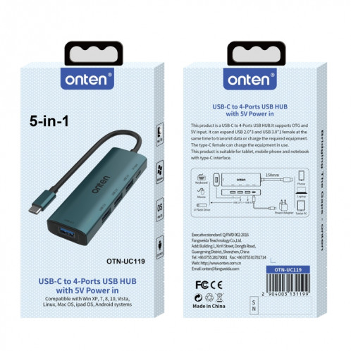 Onten UC119 HUB USB 5 en 1 USB-C / Type-C vers USB 4 ports avec entrée 5V SO24341967-08