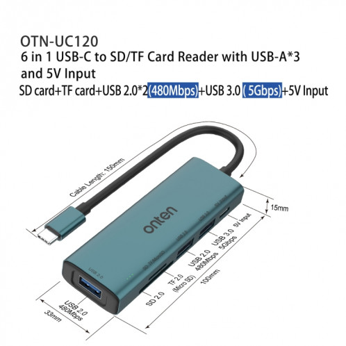 Onten UC120 Lecteur de carte USB-C vers SD/TF 6 en 1 avec HUB USB 3 ports et entrée 5 V SO2438854-08