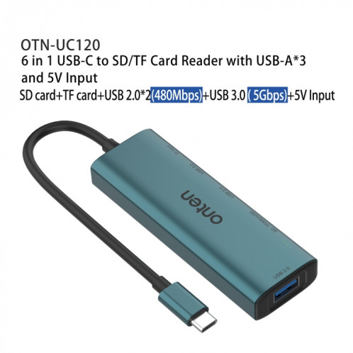 Onten UC120 Lecteur de carte USB-C vers SD/TF 6 en 1 avec HUB USB 3 ports et entrée 5 V SO2438854-08