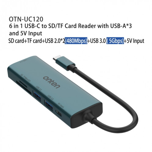 Onten UC120 Lecteur de carte USB-C vers SD/TF 6 en 1 avec HUB USB 3 ports et entrée 5 V SO2438854-08