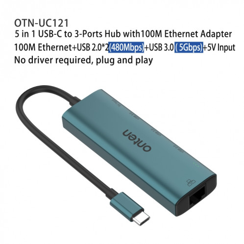 Onten UC121 HUB 5 en 1 USB-C / Type-C vers USB 3.0 avec entrée 5 V et carte réseau 100 Mbps SO2442297-08