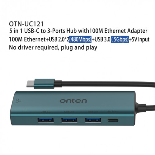 Onten UC121 HUB 5 en 1 USB-C / Type-C vers USB 3.0 avec entrée 5 V et carte réseau 100 Mbps SO2442297-08