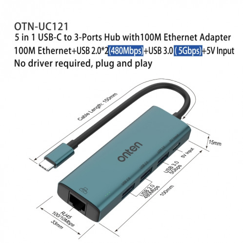 Onten UC121 HUB 5 en 1 USB-C / Type-C vers USB 3.0 avec entrée 5 V et carte réseau 100 Mbps SO2442297-08