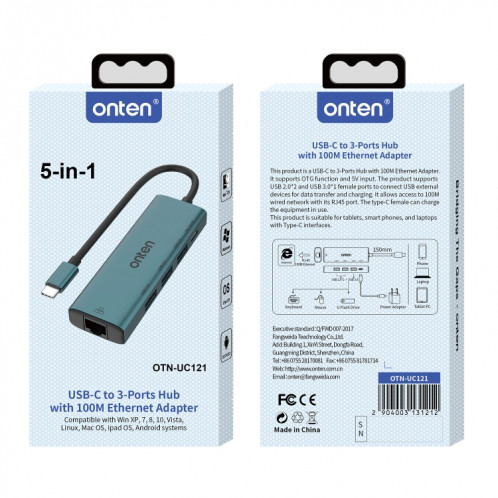 Onten UC121 HUB 5 en 1 USB-C / Type-C vers USB 3.0 avec entrée 5 V et carte réseau 100 Mbps SO2442297-08
