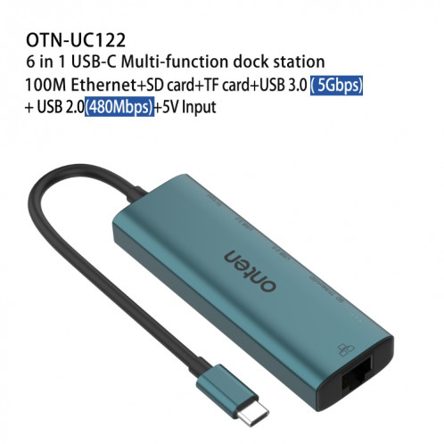Onten UC122 6 en 1 USB-C/Type-C vers SD + TF + Carte + HUB USB 3.0 avec entrée 5 V et carte réseau 100 Mbps SO2444245-08