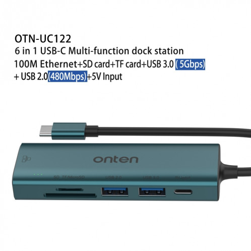 Onten UC122 6 en 1 USB-C/Type-C vers SD + TF + Carte + HUB USB 3.0 avec entrée 5 V et carte réseau 100 Mbps SO2444245-08