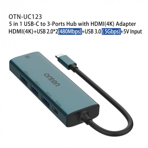 Onten UC123 Station d'accueil 5 en 1 USB-C / Type-C vers HDMI + USB3.0 HUB avec entrée 5V SO2447996-08