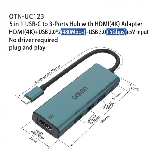 Onten UC123 Station d'accueil 5 en 1 USB-C / Type-C vers HDMI + USB3.0 HUB avec entrée 5V SO2447996-08