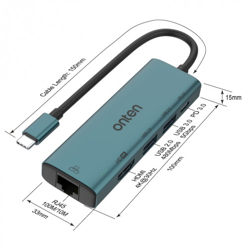 Onten UC125 5 en 1 USB-C / Type-C vers HDMI + USB3.0 + PD3.0 HUB multifonction avec carte réseau 100 Mbps SO24481512-07