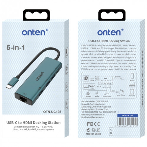 Onten UC125 5 en 1 USB-C / Type-C vers HDMI + USB3.0 + PD3.0 HUB multifonction avec carte réseau 100 Mbps SO24481512-07