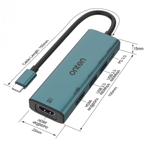 Onten UC126 Station d'accueil HUB multifonction 5 en 1 USB-C/Type-C vers Dual HDM I+ USB2.0 + PD3.0 SO2451960-09