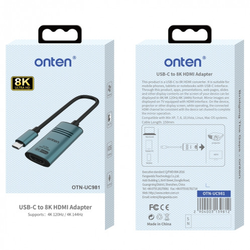 Adaptateur convertisseur vidéo Onten UC981 8K 30 Hz USB-C / Type-C vers HDMI (vert pin) SO401A1379-07
