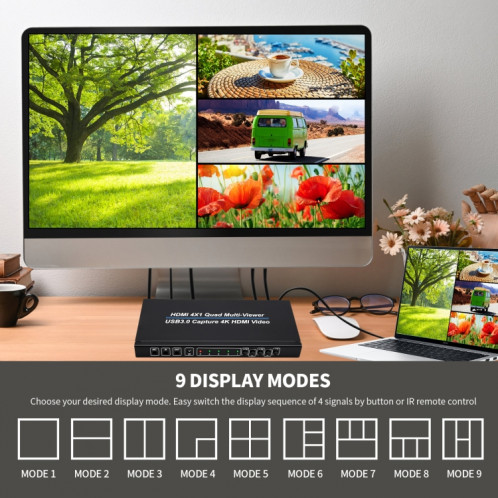 Répartiteur d'écran NK-941S 4K HDMI 4x1 + capture vidéo USB3.0 tout-en-un (noir) SH501A332-08