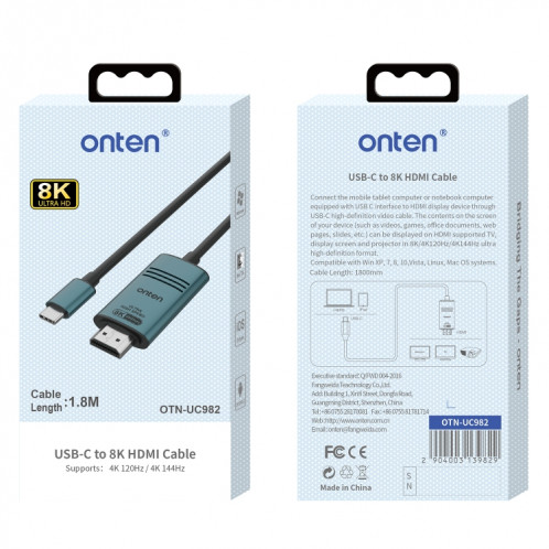 Câble de conversion vidéo HD Onten UC982 8K 60 Hz USB-C / Type-C vers HDMI (vert pin) SO601A1124-08