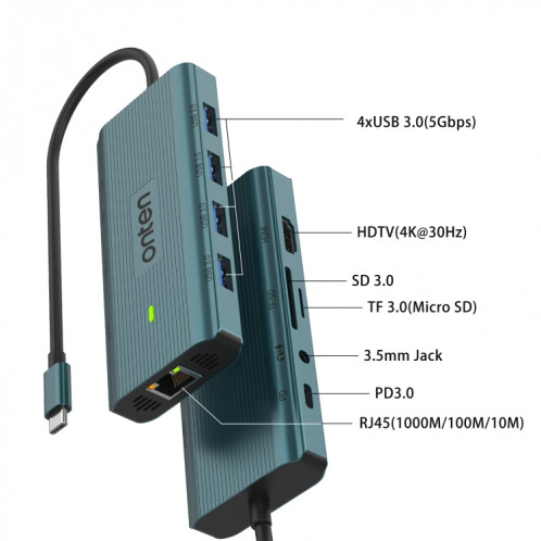 Station d'accueil HUB multifonction Onten UC962 10 en 1 USB-C / Type-C (vert) SO001A299-05