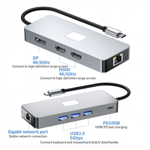 BYL-2401 Station d'accueil 8 en 1 Type-C vers PD100W + USB3.0 + HDMI + DP + RJ45 HUB (Gris sidéral) SH901A779-010