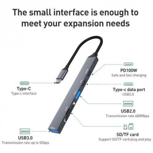 ADS-807 PD100 6 en 1 Type-C vers PD100W + USB3.0 + USB2.0 + Station d'accueil HUB SD/TF (gris sidéral) SH201A1234-010