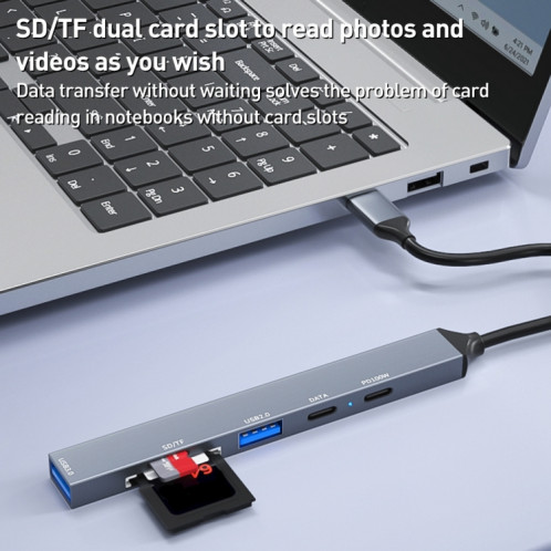 ADS-807 PD100 6 en 1 Type-C vers PD100W + USB3.0 + USB2.0 + Station d'accueil HUB SD/TF (gris sidéral) SH201A1234-010