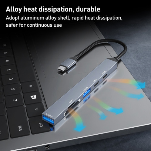 ADS-807 PD100 6 en 1 Type-C vers PD100W + USB3.0 + USB2.0 + Station d'accueil HUB SD/TF (gris sidéral) SH201A1234-010