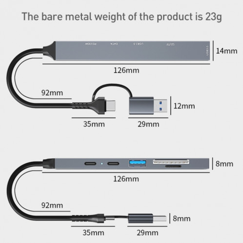 ADS-807D 6 en 1 USB + Type-C vers PD100W + USB3.0/2.0 + Station d'accueil SD/TF HUB (Gris sidéral) SH401A604-010