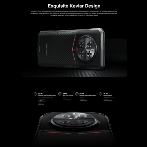  DOOGEE DK10 5G, 12 Go + 512 Go, quatre caméras, empreinte digitale latérale, 6,67 pouces Android 13 Dimensity 8020 Octa Core 2,6 GHz, réseau : 5G, OTG, NFC, prise en charge Google Pay (Kevlar noir) SD901A94-021