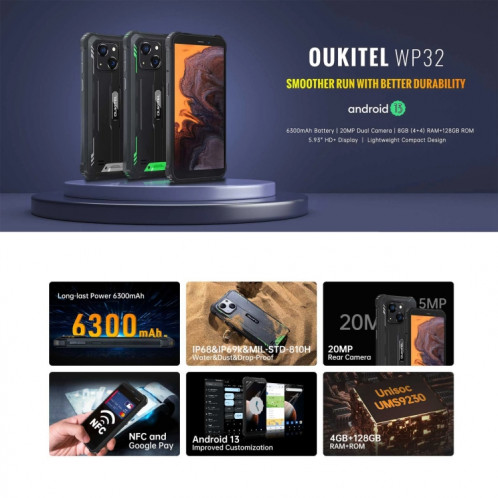  Oukitel WP32, 4 Go + 128 Go, IP68/IP69K, 5,93 pouces Android 13 Unisoc Tiger T606 Octa-core, NFC, OTG, réseau : 4G (Orange) SO601B1093-015