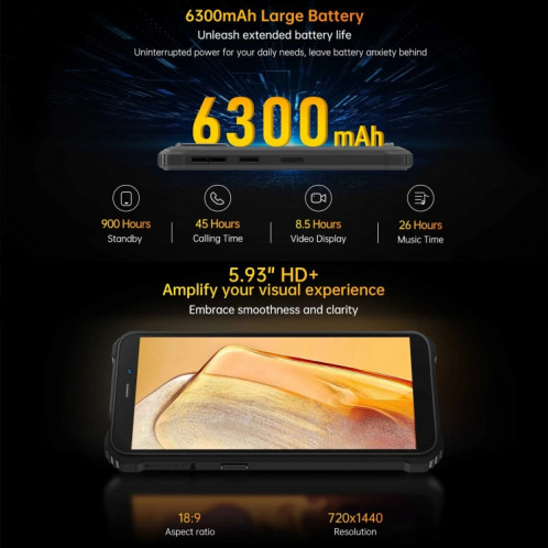  Oukitel WP32, 4 Go + 128 Go, IP68/IP69K, 5,93 pouces Android 13 Unisoc Tiger T606 Octa-core, NFC, OTG, réseau : 4G (Orange) SO601B1093-015