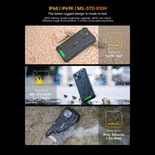  Oukitel WP32, 4 Go + 128 Go, IP68/IP69K, 5,93 pouces Android 13 Unisoc Tiger T606 Octa-core, NFC, OTG, réseau : 4G (vert) SO601A1569-015