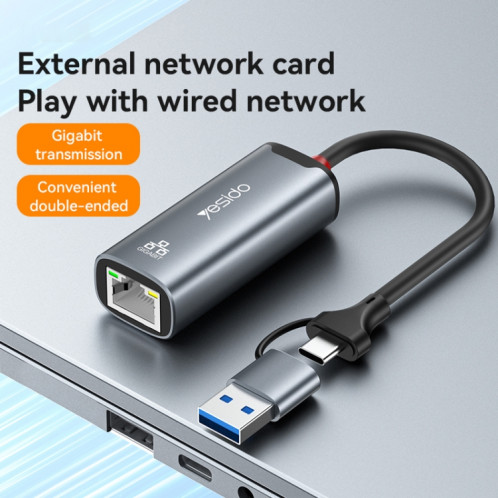 Adaptateur Yesido HB26 2 en 1 USB+USB-C/Type-C vers Ethernet (gris) SY601A1615-08