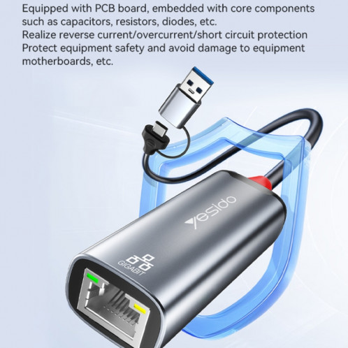 Adaptateur Yesido HB26 2 en 1 USB+USB-C/Type-C vers Ethernet (gris) SY601A1615-08