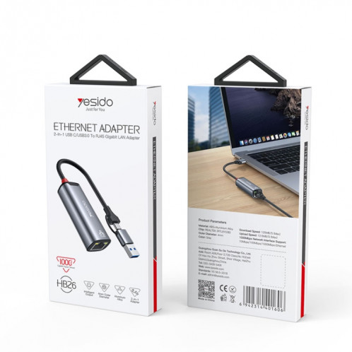 Adaptateur Yesido HB26 2 en 1 USB+USB-C/Type-C vers Ethernet (gris) SY601A1615-08