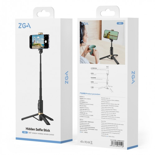 ZGA S02 Télécommande Bluetooth Trépied caché Selfie Stick (Noir) SZ301A1918-09
