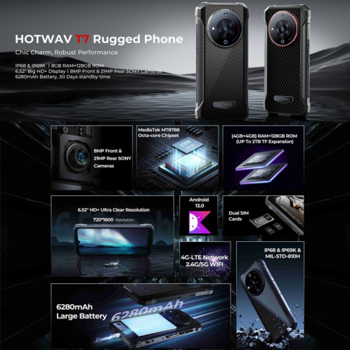  Téléphone robuste HOTWAV T7, 4 Go + 128 Go, 6280 mAh, 6,52 pouces Android 13 MT8788 Octa Core, réseau : 4G, OTG (rouge) SH501A412-020