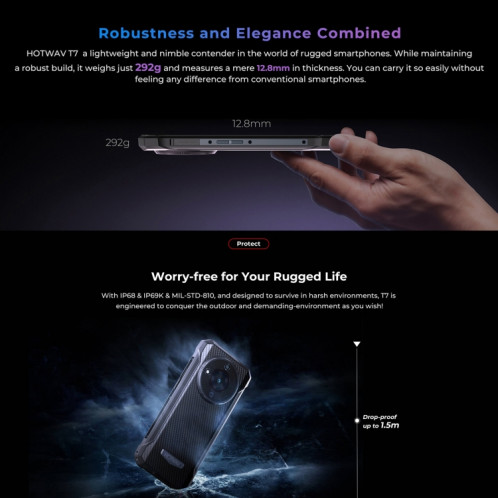  Téléphone robuste HOTWAV T7, 4 Go + 128 Go, 6280 mAh, 6,52 pouces Android 13 MT8788 Octa Core, réseau : 4G, OTG (tout noir) SH501B601-020
