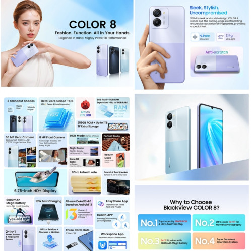  Blackview COLOR 8, 8 Go + 128 Go, identification d'empreintes digitales et de visage, 6,75 pouces Android 13 Unisoc T616 Octa Core jusqu'à 2,2 GHz, réseau : 4G, OTG (Ripple Blue) SB901B367-015