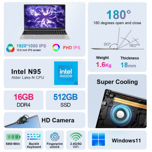 Ordinateur portable Ninkear N15 Air 15,6 pouces, 16 Go + 512 Go, Windows 11 Intel Celeron N95 Quad Core () SH701B1524-015