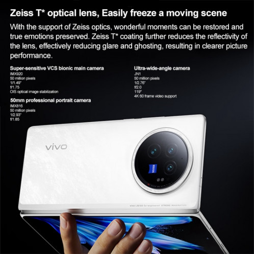 vivo X Fold3, 16 Go + 256 Go, Face ID / Identification par empreinte digitale, 8,03 pouces + 6,53 pouces Android 14 OriginOS 4 Snapdragon 8 Gen 2 Octa Core 3,25 GHz, OTG, NFC, Réseau : 5G (Blanc) SV302B788-014