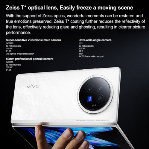 vivo X Fold3, 16 Go + 1 To, Face ID / Identification par empreinte digitale, 8,03 pouces + 6,53 pouces Android 14 OriginOS 4 Snapdragon 8 Gen 2 Octa Core 3,25 GHz, OTG, NFC, Réseau : 5G (Blanc) SV304B807-014