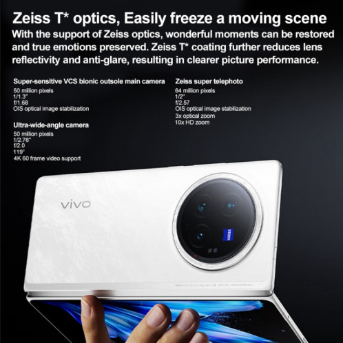 vivo X Fold3 Pro, 16 Go + 1 To, Face ID / Identification par empreinte digitale, 8,03 pouces + 6,53 pouces Android 14 OriginOS 4 Snapdragon 8 Gen 3 Octa Core 3,3 GHz, OTG, NFC, Réseau : 5G (Blanc) SV802B673-016