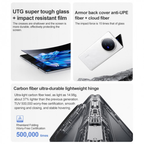 vivo X Fold3 Pro, 16 Go + 1 To, Face ID / Identification par empreinte digitale, 8,03 pouces + 6,53 pouces Android 14 OriginOS 4 Snapdragon 8 Gen 3 Octa Core 3,3 GHz, OTG, NFC, Réseau : 5G (Blanc) SV802B673-016